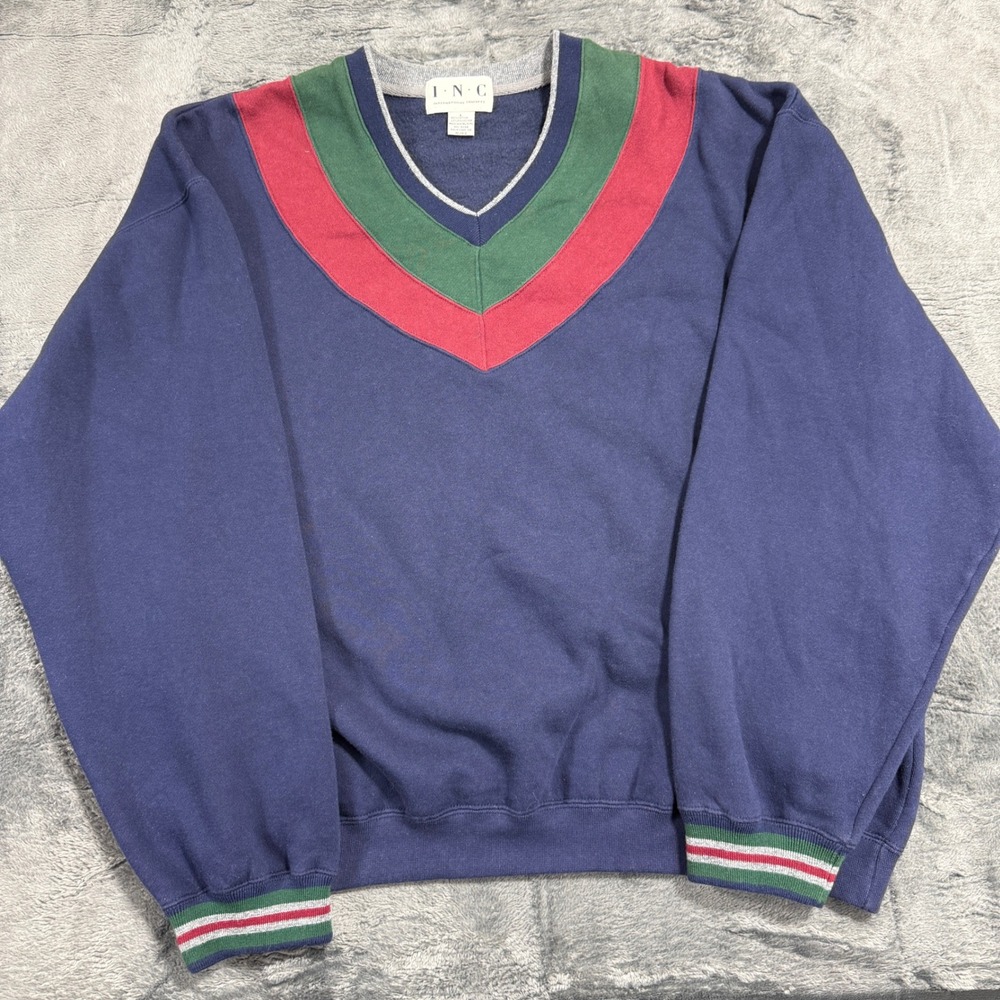 INC Sweatshirt Mens Large Navy Blue Vintage 90s Colorblock Crewneck Pullover